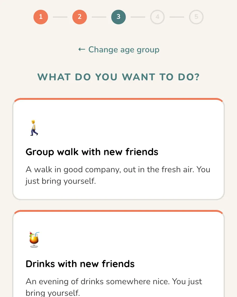 Vriendi sign-up screen: choosing an activity, such as a group walk or drinks with new friends