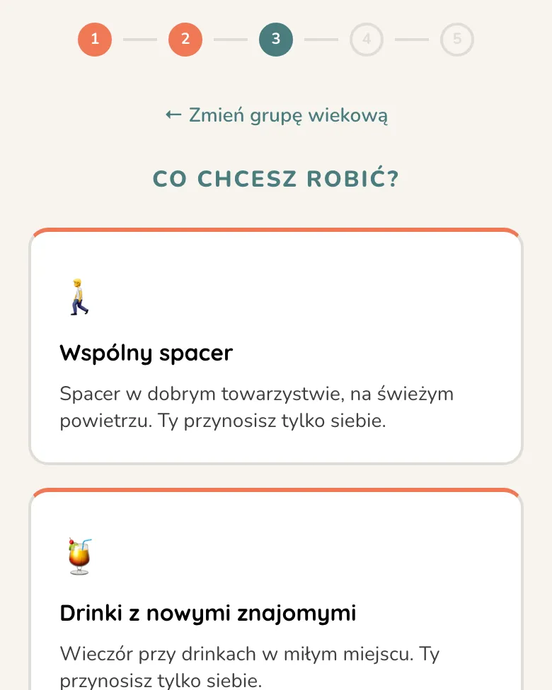 Ekran zapisu Vriendi: wybór aktywności, np. wspólny spacer albo drinki z nowymi znajomymi