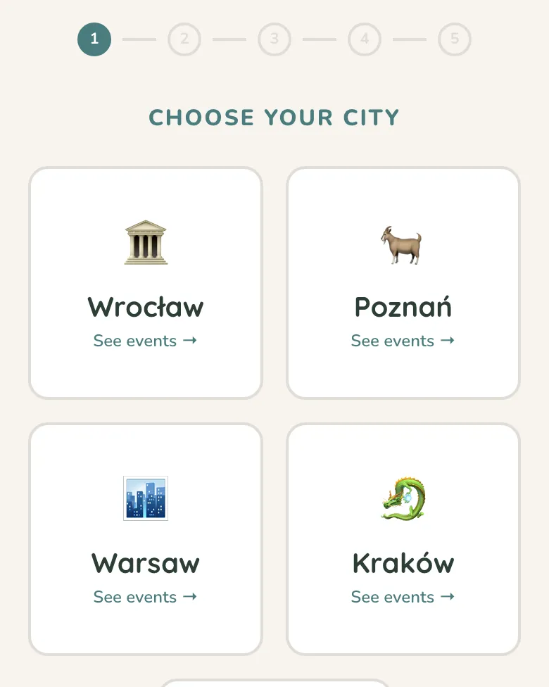 Vriendi sign-up screen: choosing a city