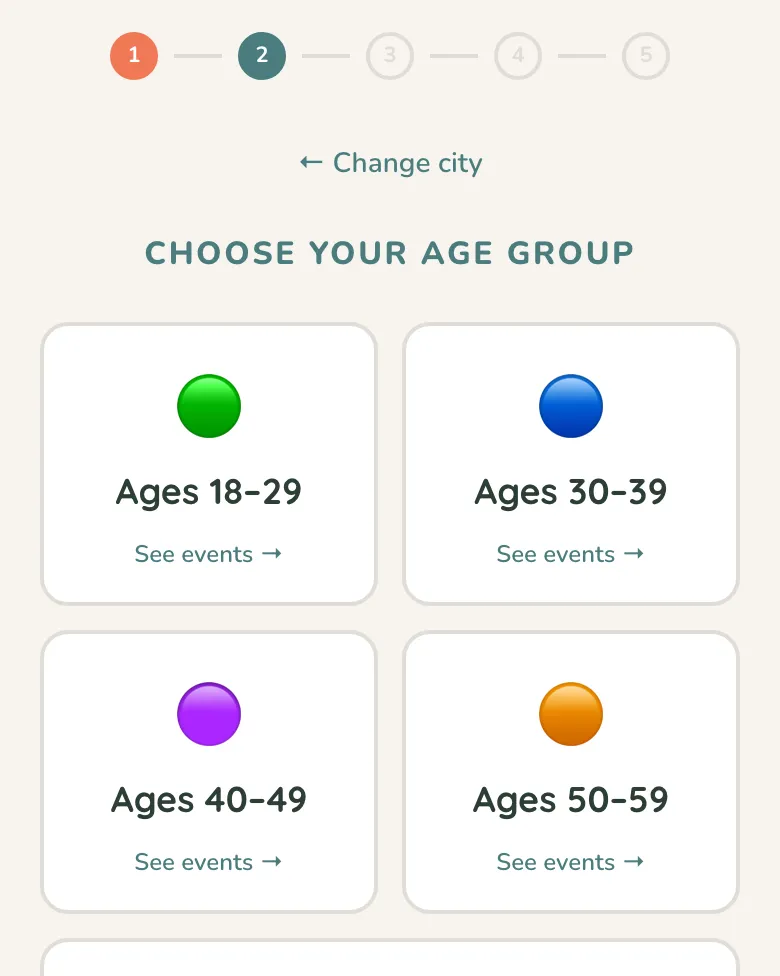 Vriendi sign-up screen: choosing an age group – 18–29, 30–39, 40–49, 50–59 and Senior 60+