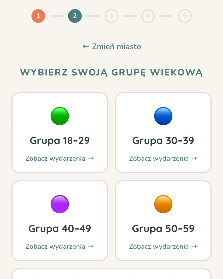 Ekran zapisu Vriendi: wybór grupy wiekowej – 18–29, 30–39, 40–49, 50–59 i Senior 60+